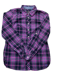 Talbots Shirt Blouse Womens Small Petite SP Black Purple Plaid Casual Work Fun - Picture 1 of 9