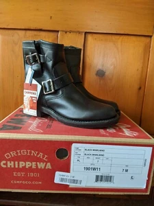 sz 7 Chippewa Leather SHORT Raynard Harness WOMENS Moto Boots - Black 7" NIB - Picture 1 of 8