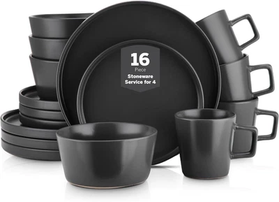 Celina 16 Piece Stoneware Dinnerware Set for 4 Black Matte Plates Bowls Microwav - Image 1 of 4