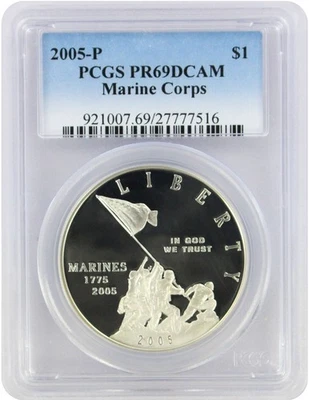 2005-P Marine Corps Silver Commemorative Dollar PR69DCAM PCGS Proof 69 Deep Cam - Image 1 of 2