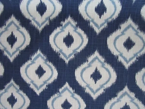 Indigo Blue Ivory Linen Look IKAT Print Cott. Blend Upholstery Fabric BTyd - Picture 1 of 6
