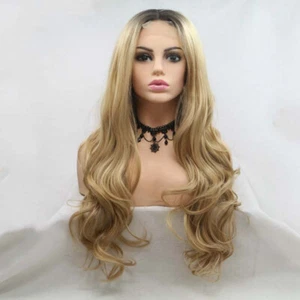 Long Blonde Wavy Wig with Dark Roots Ombre Synthetic Lace Wig for Women - Picture 1 of 7