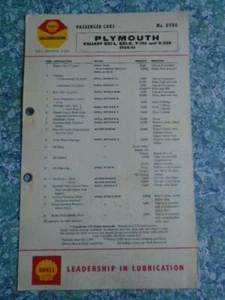 Shell Lubrication Service Guide Card Plymouth Valiant QX1-L QX1-H V-100 V-200 - Picture 1 of 2