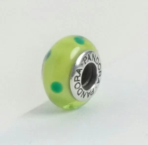PANDORA 925 ALE Retired 790613 Green Polka Dots Murano Glass Bead Charm 1/2" - Picture 1 of 6