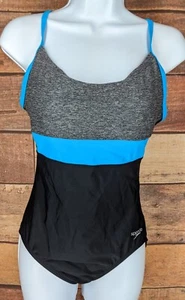 Speedo Badeanzug Einteiler ~ Damen 10 ~ Colorblock blau grau schwarz ~ gerader Rücken - Bild 1 von 4
