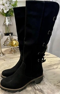 GlobalWin Women's Strappy Motocycle Black Knee High Riding Boots Size 9-New - Picture 1 of 8