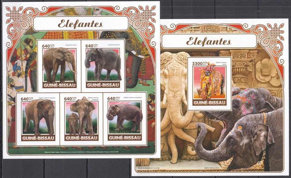 DZ0524 ! IMPERF 2017 GUINEA-BISSAU ELEPHANTS INDIA ANIMALS #9398-2+BL1622 MNH - Image 1 of 1