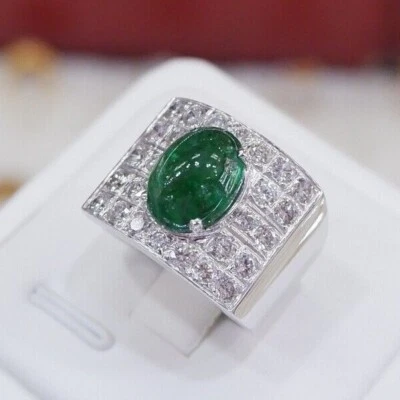 Natural Emerald 3.80CT Set on 18kt White Gold Ring, Men's Ring Emerald Diamond - Image 1 of 4