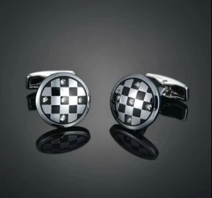 Plateado Negro Ajedrez Círculo Cristales Gemelos Camisa Formal Traje Boda Negocios - Imagen 1 de 1