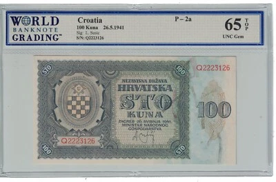 Croatia 100 Kuna 26.5.1941 Pick# 2a WBG: 65 TOP GEM UNC. #PL2233 - Image 1 of 2