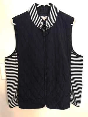 Talbots Womens Vest XL Down Puffer Black White Full Zip Striped Pockets Outdoors - Image 1 of 4