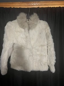 Vintage White Rabbit Fur Coat Jacket Size Medium With Pockets Satin Lining - Picture 1 of 9