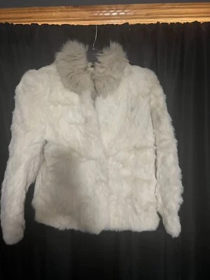 Vintage White Rabbit Fur Coat Jacket Size Medium With Pockets Satin Lining - Image 1 of 4