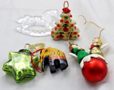 5 Christmas Tree Ornament Lot Angels Drums Elephant Star Glass Rocking Horse - Image 1 of 4