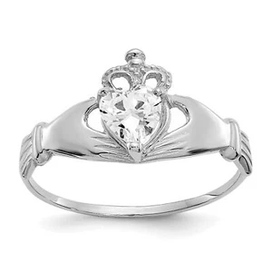 14k White Gold CZ April Birthstone Claddagh Heart Ring D1783 Size 7 - Picture 1 of 6