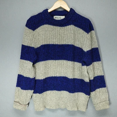 Suéter masculino vintage American Eagle listrado azul médio cinza lã feito nos EUA anos 80 - Imagem 1 de 4