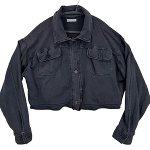 Free People Cropped Shacket L Gray Cotton Oversized Grunge Distressed Leisure - Picture 1 of 10