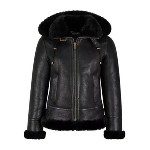WOMEN RAF AVIATOR MF7 BOMBER B3 REMOVABLE HOOD PILOT FLYING BLACK LEATHER JACKET - Picture 1 of 4