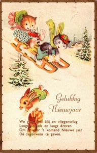 Happy New Year Anthropomorphic Cats Sledding Bunnies Vintage Postcard B272 - Picture 1 of 2