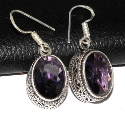 Pendientes Amatista Chapados en Plata 925 Hechos a Mano 1.4" Venta Rápida Regalo GW Foto 1 de 3