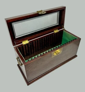 Solid Wood W/ Glass Lid & Ornate Brass Hardware CD Coin Slab Storage Box Holder  - Picture 1 of 21