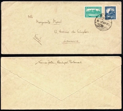 Hungary 1926 Cover, Budapest Parliament to Lausanne Switzerland, Danube Bridge - Image 1 of 3