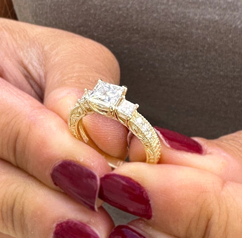 Princess Diamond Engagement Ring Three Stone IGI Certified 14k Yellow Gold 1.60 - Image 1 of 4