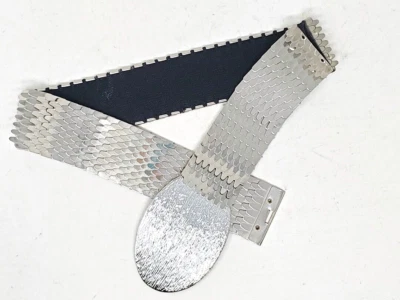 Silver Tone Metal Fish Scale Stretch Belt - 25" - 31" Waist - Vintage 1980s - Image 1 of 4