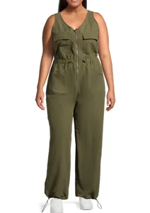 Madden NYC Parachute Jumpsuit Women's 1X Olive Sleeveless Juniors Plus Nylon - Picture 1 of 5