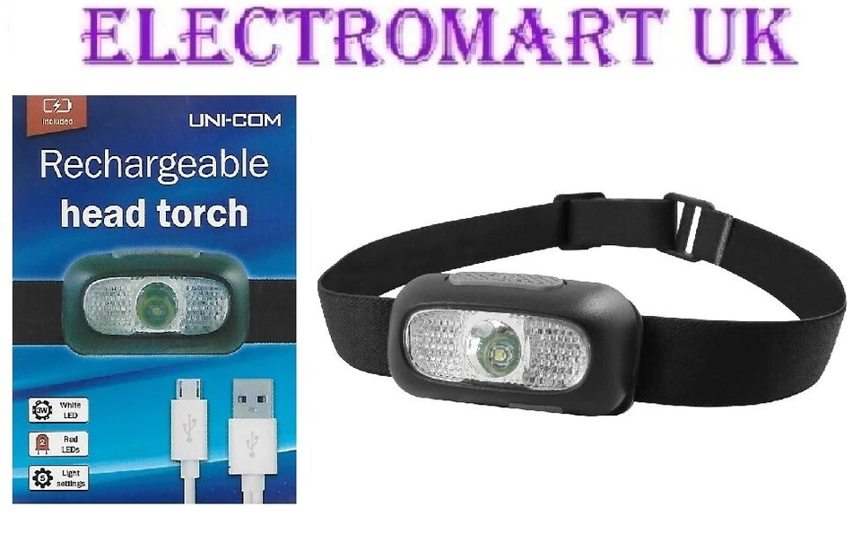 UNICOM 3W COB LED USB WIEDERAUFLADBARE KOPFTASCHENLAMPE 2 HELLIGKEITSEINSTELLUNGEN INKL. ROT SOS