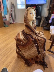 hand crochet hooded pocky shawl latte - Picture 1 of 1