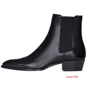 Botas al tobillo Chelsea de cuero real punta puntiaguda tacón cubano para hombre zapatos de vestir británicos - Imagen 1 de 12