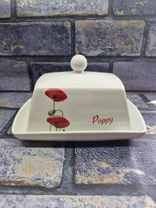 Dunelm Whte Ceramic Butter Dish With Red Poppy Floral And Word Design - Picture 1 of 14