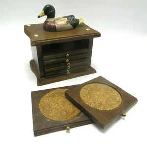 Vtg 8 Mallard Duck Wood & Cork Coasters Drawer Caddy Set 1982 Albert Price Prdts - Picture 1 of 9