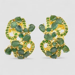 Estate Emerald Colombian Earrings 925 Sterling Silver 24K Gold Plated Handmade - Picture 1 of 9