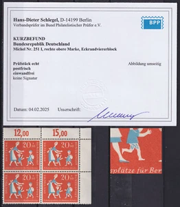 BUND 1957 NR. 251 ECKRAND 4ER BLOCK + PLF I ** LUXUSGEPRÜFT SCHLEGEL BPP - M€ 80 - Bild 1 von 1