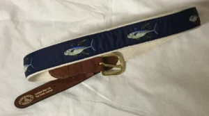 Leather Man Ltd. Yellow Fin Tuna Webbed & Leather Belt w/ Brass Buckle - Picture 1 of 6