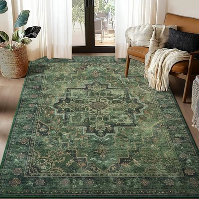 Vintage Dark Green Area Rugs 5x7 for Living Room, Tranditional Distressed Med... - Image 1 of 4