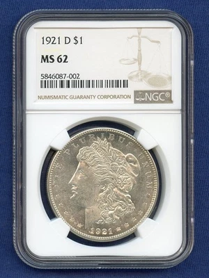 1921 D NGC MS62 Morgan Silver Dollar $1 Rare Date Coin 1921-D MS-62 Looks PL ! - Image 1 of 2