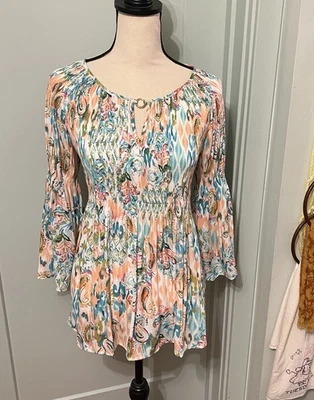 Spense Large Paisley Smocked Multicolored Boho Blouse Accordion Style Stretchy - Image 1 of 4