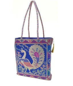 Blue Handbag Indian Ethnic Peacock Woven Zari Brocade Fabric Shoulder Hand Bag - Picture 1 of 7