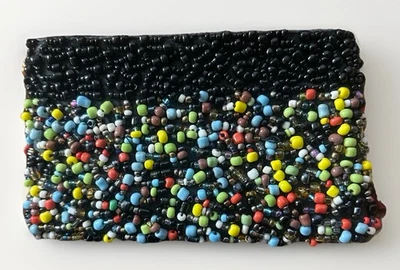 Handmade Beaded Coin Purse Indonesia Black Multicolor Seed Beads Boho Zip Pouch Foto 1 de 4