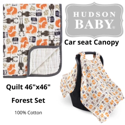 Hudson Baby Forest Set Woodland Animals 2-Ply Muslin Quilt 46x46 Car Seat Canopy - Image 1 of 4