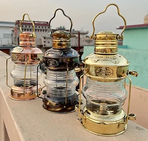 Set of 3 Brass & Copper Anchor Oil Lamp Nautical Maritime Ship Lantern Boat gift - Picture 1 of 11