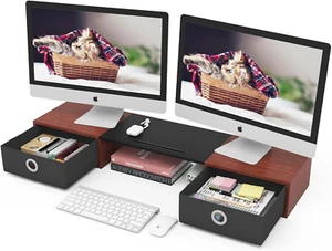 Dual Monitor Stand Riser with Two Drawers, Extra Large Storage Monitor Stand for - Picture 1 of 12