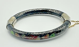 Vintage Cloisonne Bangle Bracelet Black with Multicolor Flowers Safety Chain #39 - Picture 1 of 7