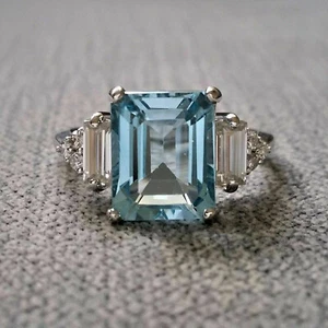 4.00ct Aquamarine Emerald Cut Three Stone Engagement Ring 14k White Gold Finish - Picture 1 of 8