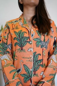 Prendas para dormir para el torso pijama conjunto de vestido gitano de algodón estampado en la selva india - Imagen 1 de 5