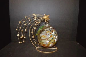 Iron Art Glass Praline Iridescent Hand Blown Witch Ball With Metal Hanging Stand - Picture 1 of 8