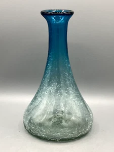 Beautiful Hand Blown Flat Bottom Pale Blue to Dark Blue Crackle Glass Vase 10" - Picture 1 of 11